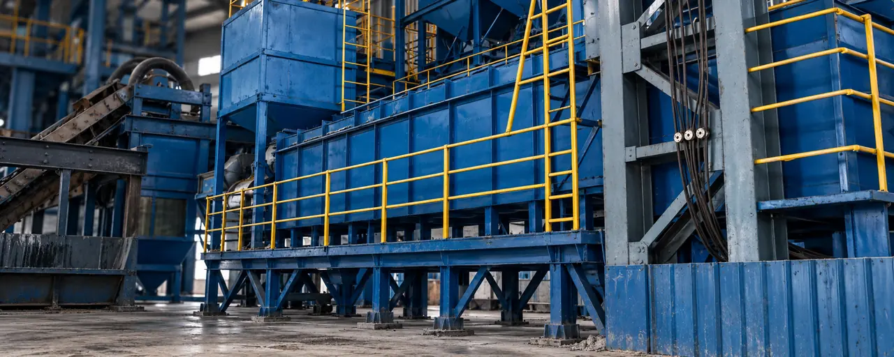Reference-based photographic illustration of steel abrasive processing equipment