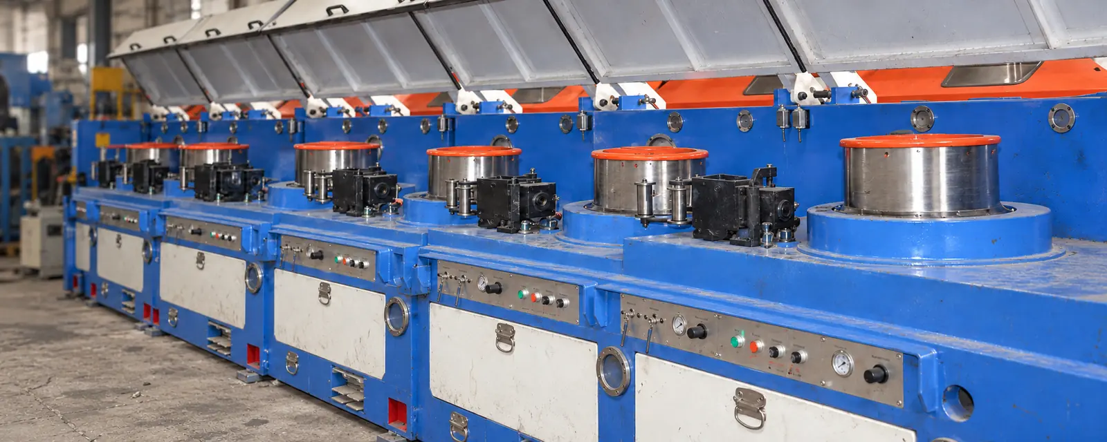 Reference-based close-up illustration of steel wire drawing stationsslide