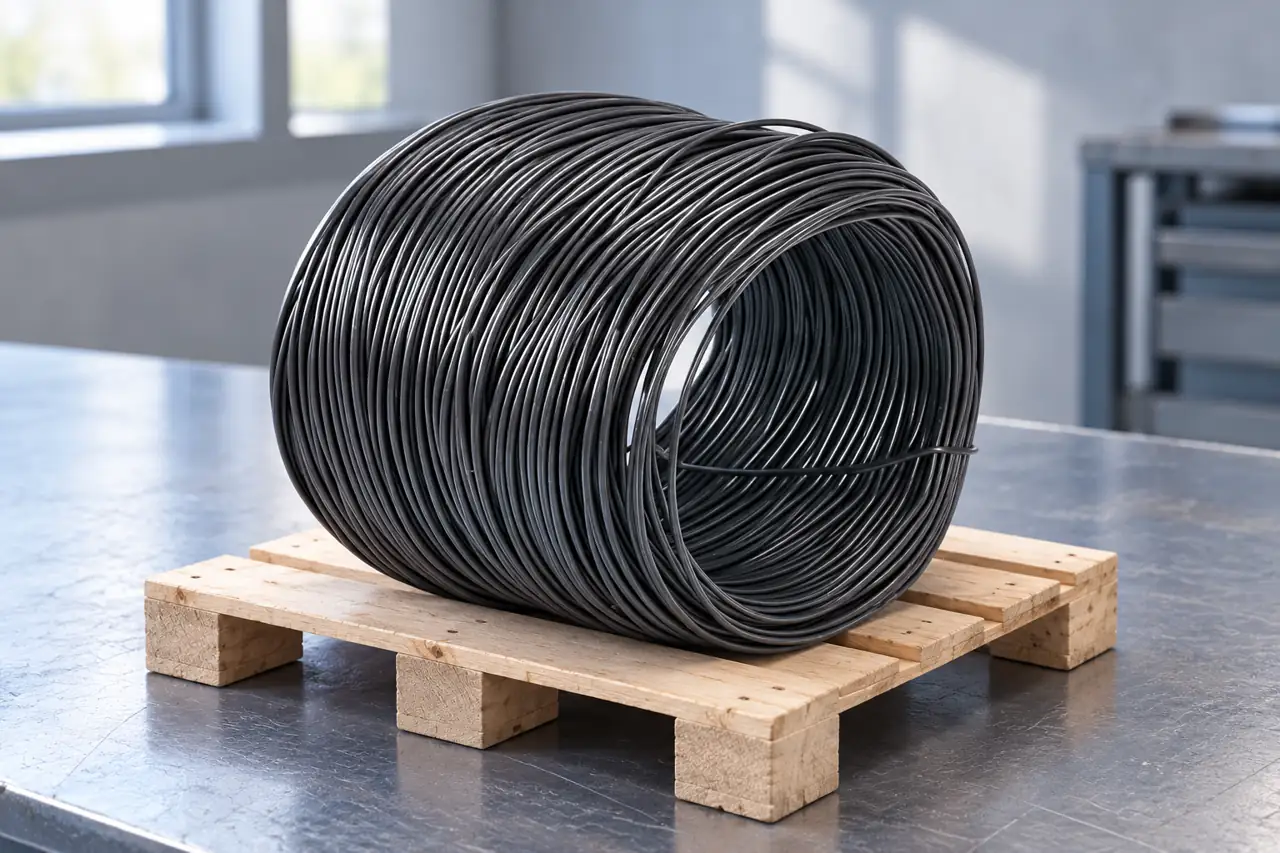 Spring-wire coil on a clean pallet with its opening and ties visible