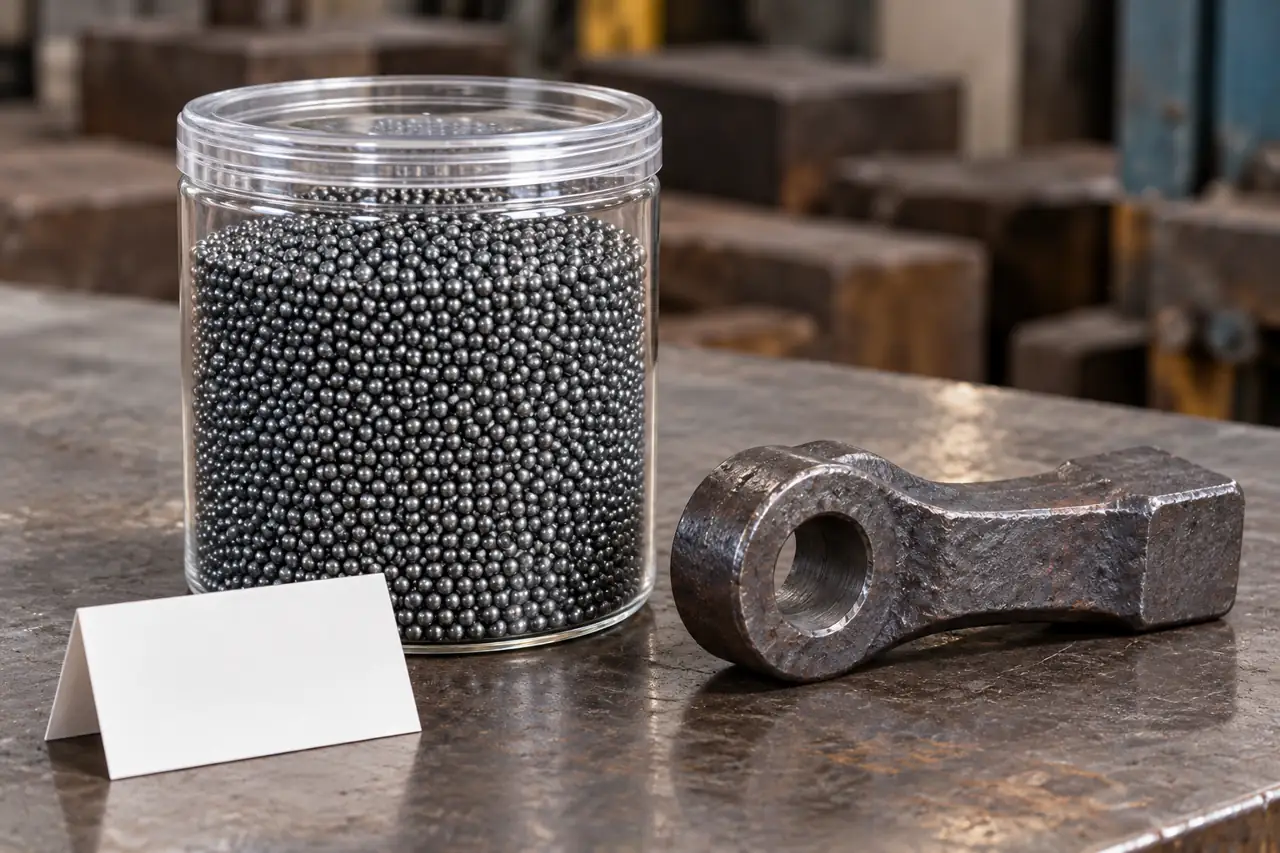 A retained steel-shot sample container beside a forged workpiece