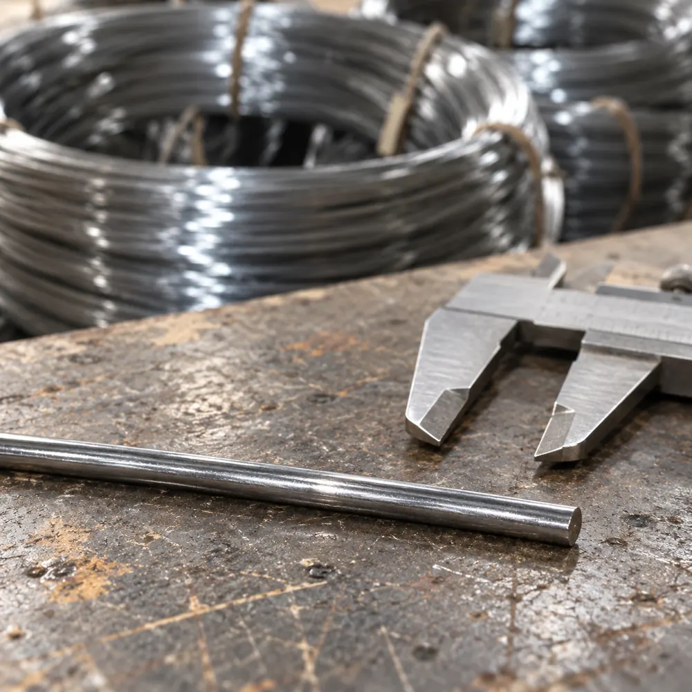Close detail of steel wire and a plain inspection tool on a bench
