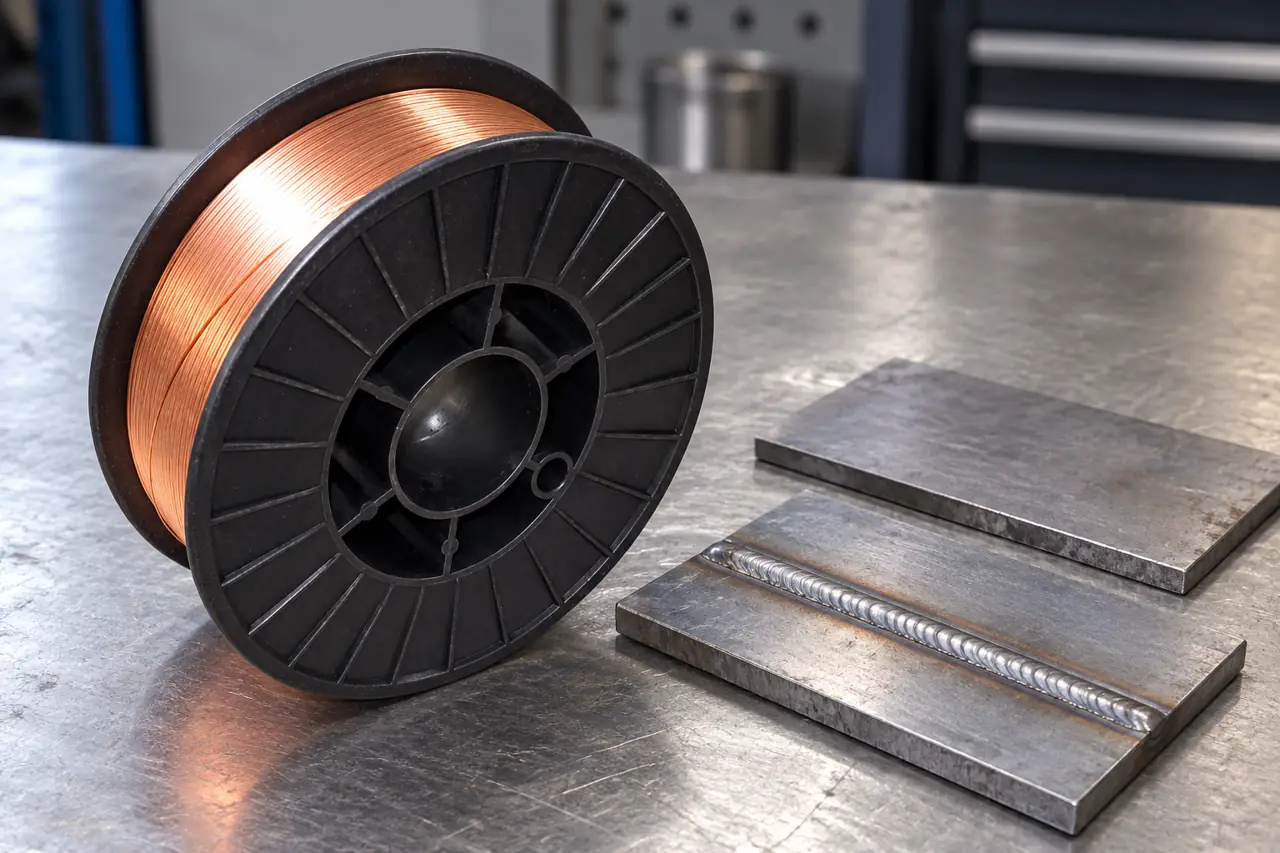 Welding-wire spool beside a plain steel weld coupon for trial planning