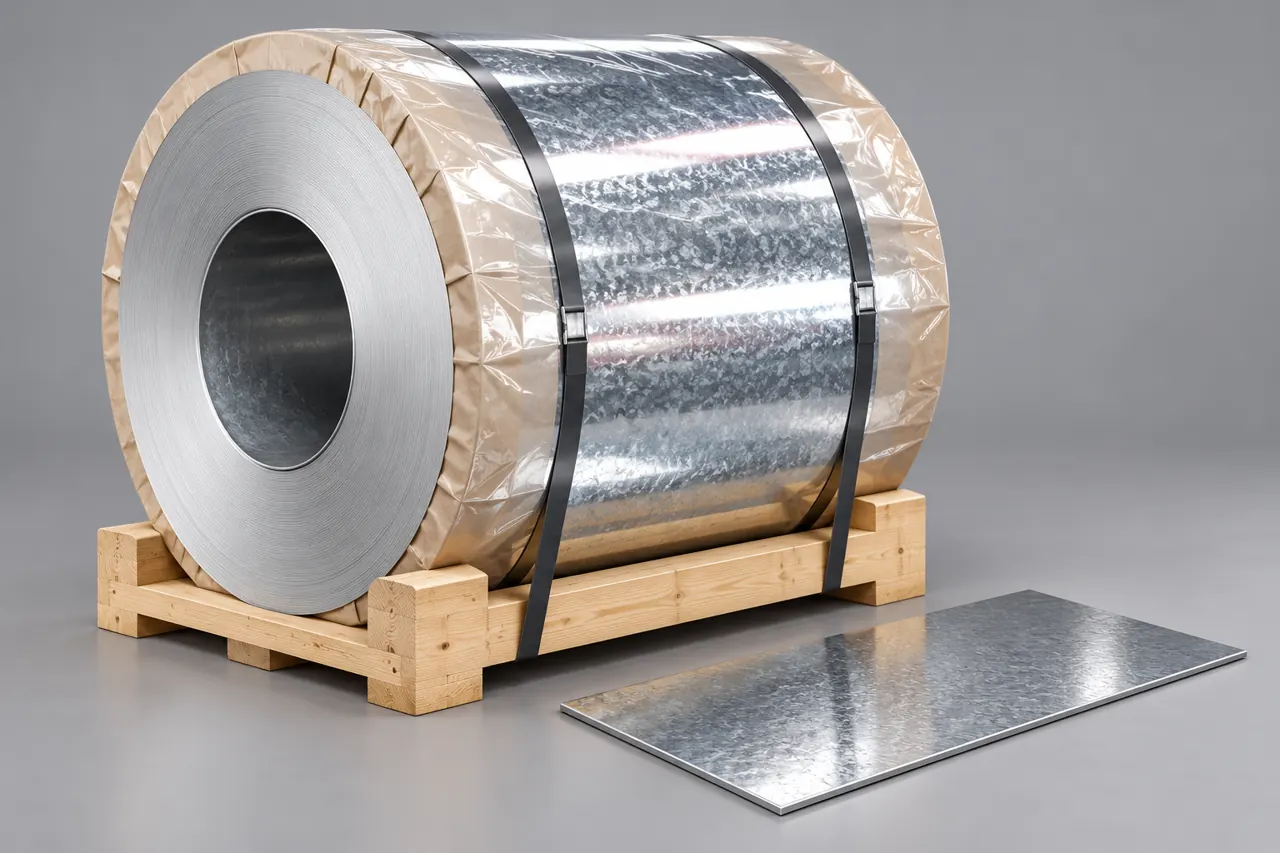 Protected galvanized coil with a separate retained flat sample on a neutral pallet