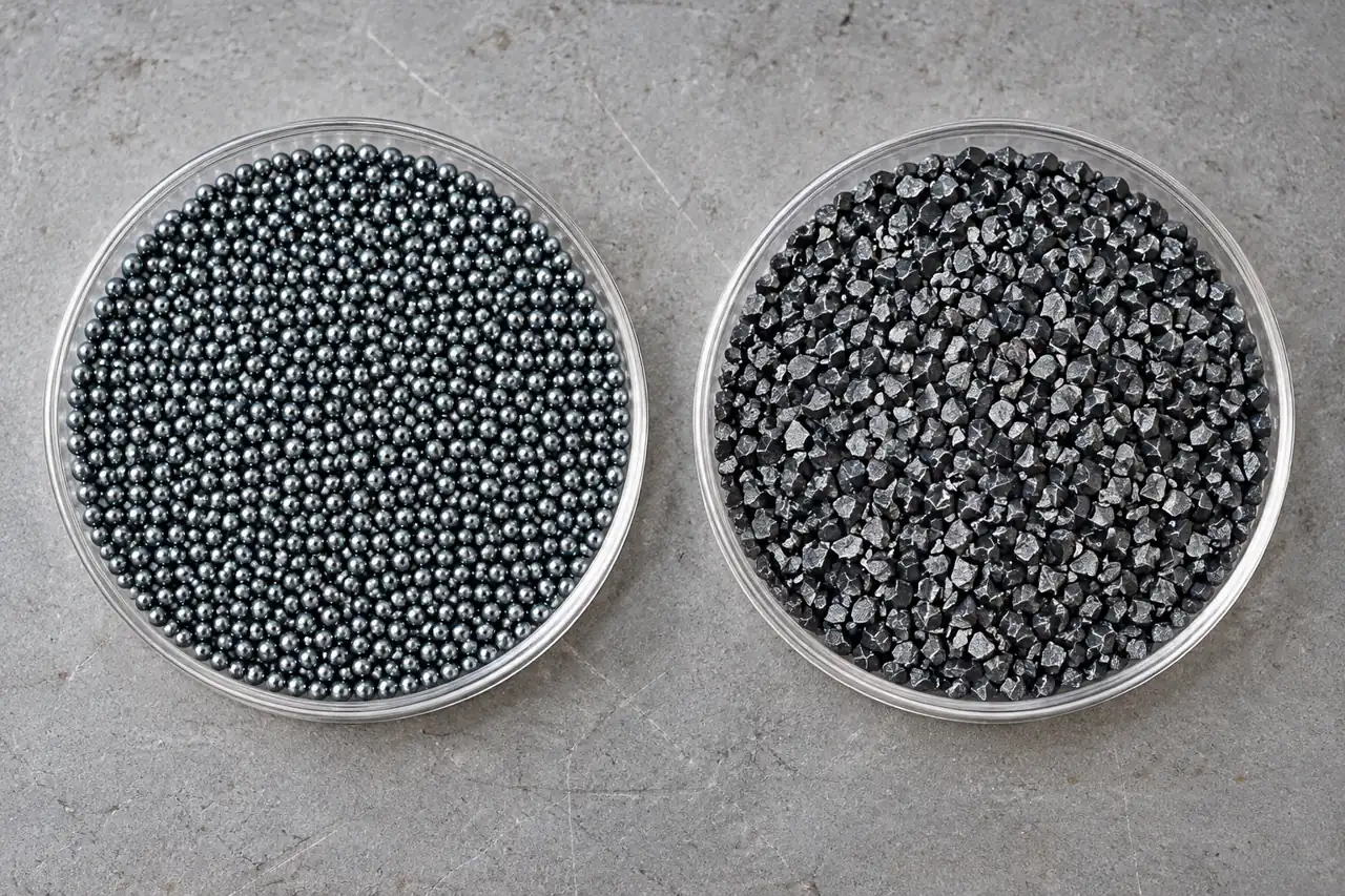 Separate rounded steel shot and angular steel-grit samples