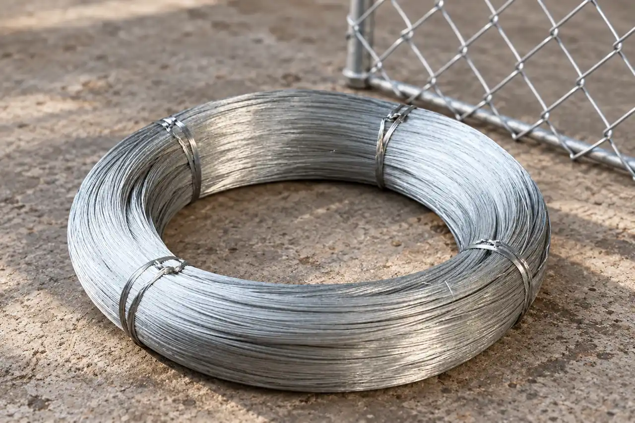 Galvanized single-wire coil beside a woven fence sample