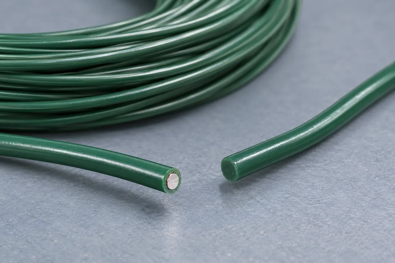 Illustrative green-coated wire and an exposed metal end