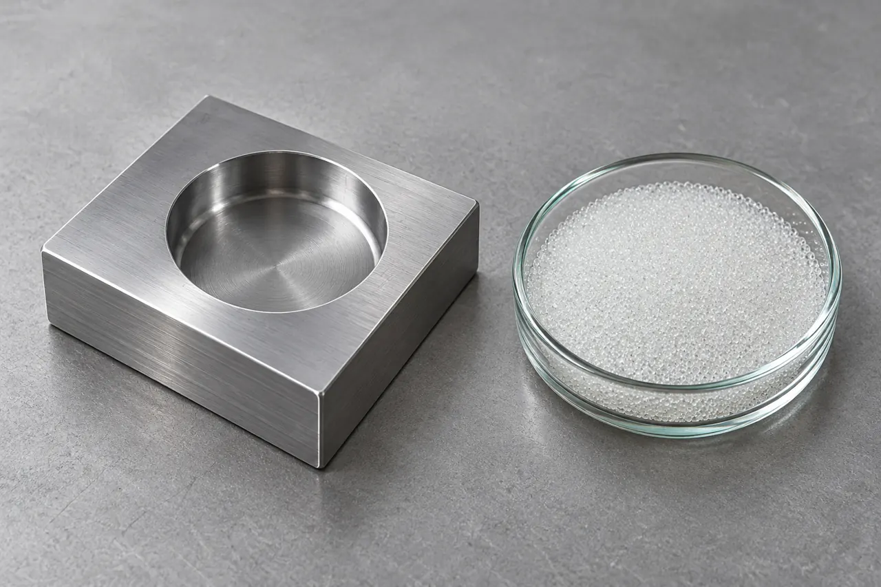 Plain steel mould insert with a nearby dish of fine transparent glass beads