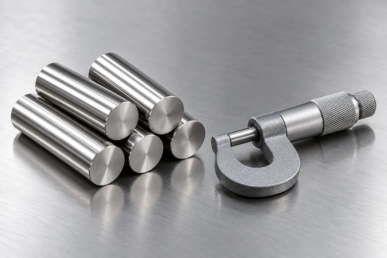 Retained stainless round-bar samples beside a plain micrometer on a neutral bench