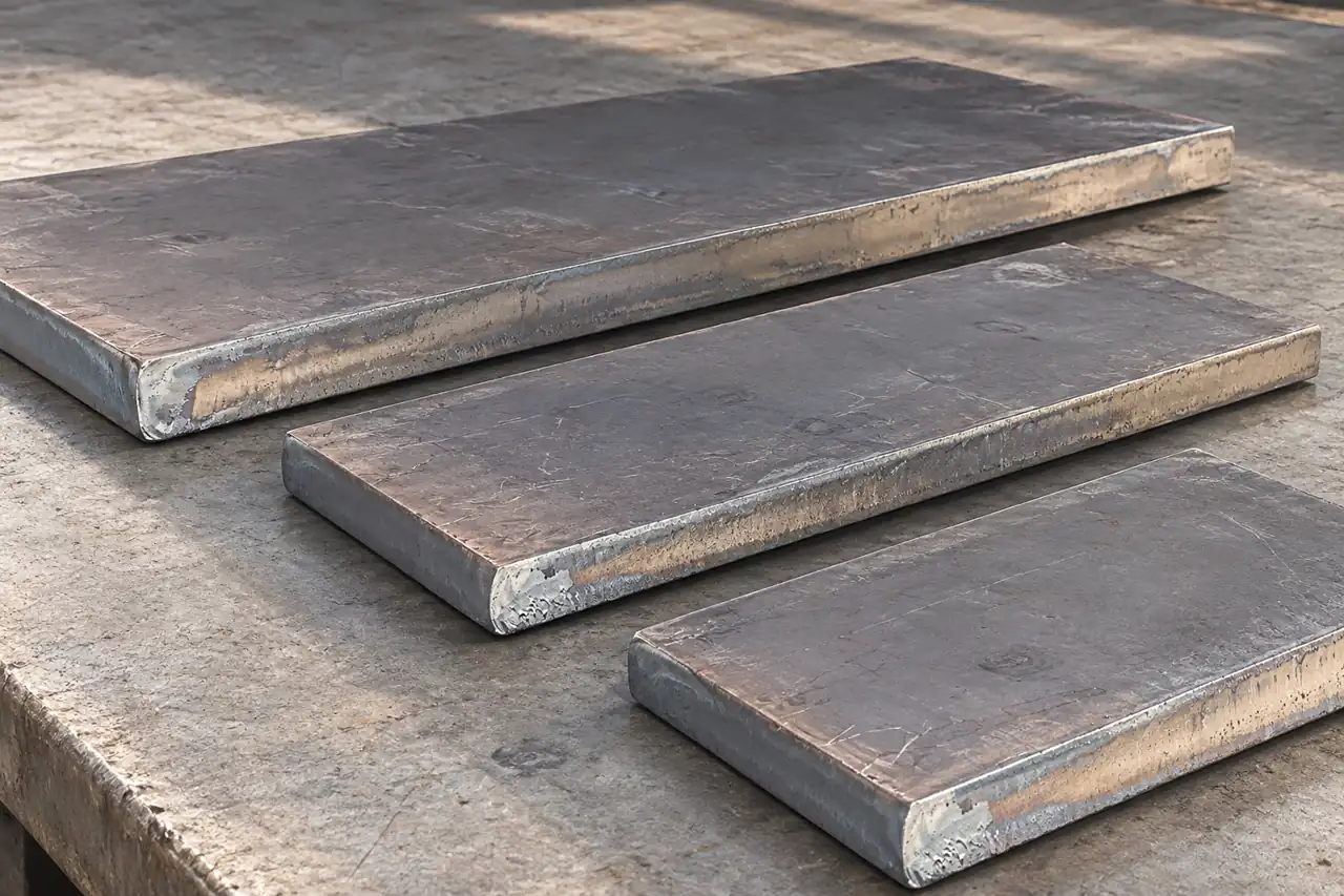 Three separate rectangular steel-plate blanks illustrating first-piece and batch references