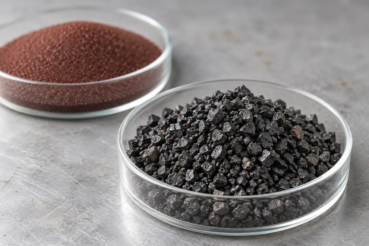 Close view of angular mineral blasting abrasive in separate shallow trays