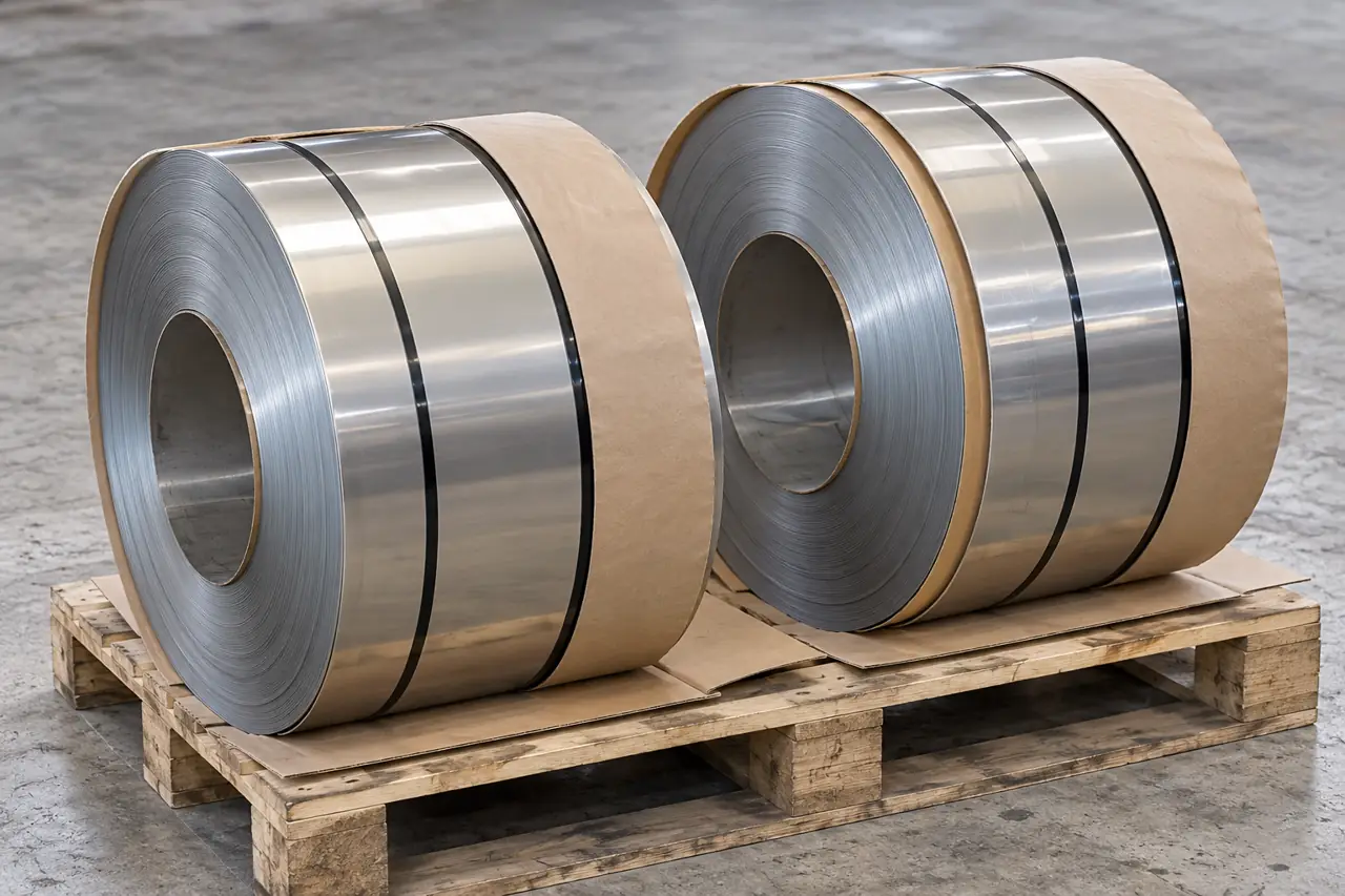 Narrow metal strip coils separated by plain protective spacers