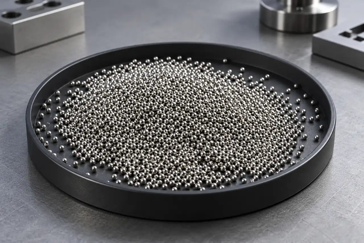 Small bright conductive steel-ball samples in a shallow tray on a neutral process-review bench