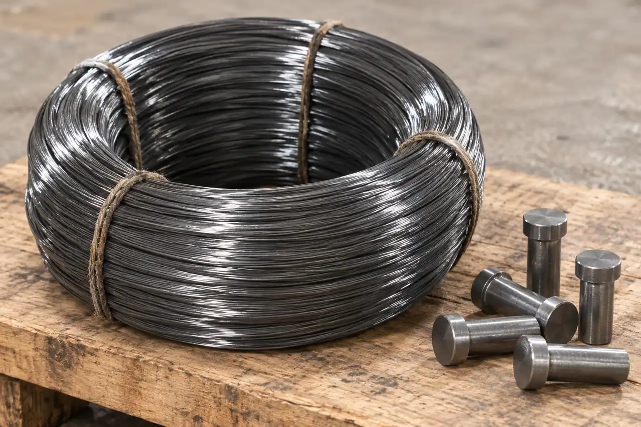 Steel-wire coils with unbranded bolt blanks illustrating cold-heading feedstock