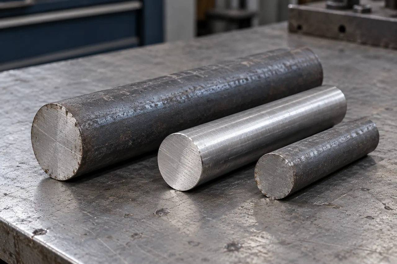 Carbon-steel round-bar samples with separate darker and brighter supplied surfaces