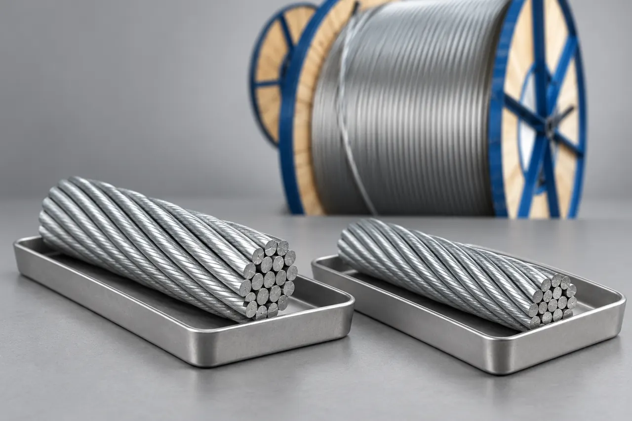 Retained galvanized strand samples in separate plain trays on a neutral inspection bench