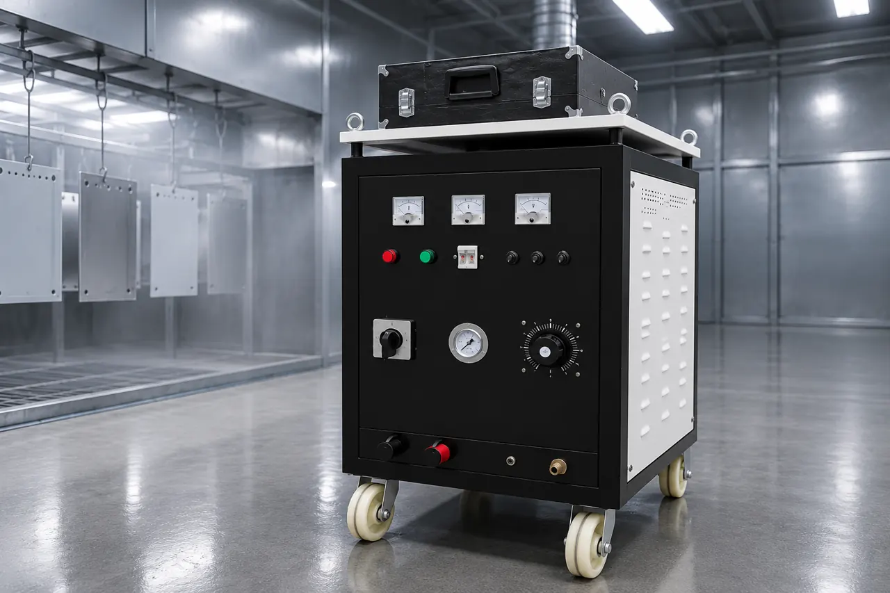 Catalogue-based arc-spray equipment cabinet viewed from a modest three-quarter angle