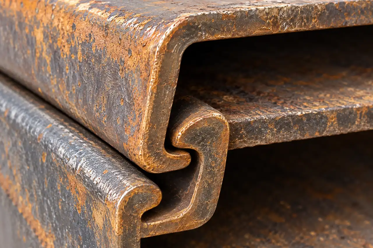 Close view of U-sheet-pile edges illustrating interlock geometry