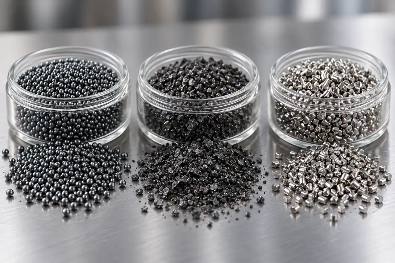 Rounded steel shot, angular grit and stainless cut-wire particles in separate containers