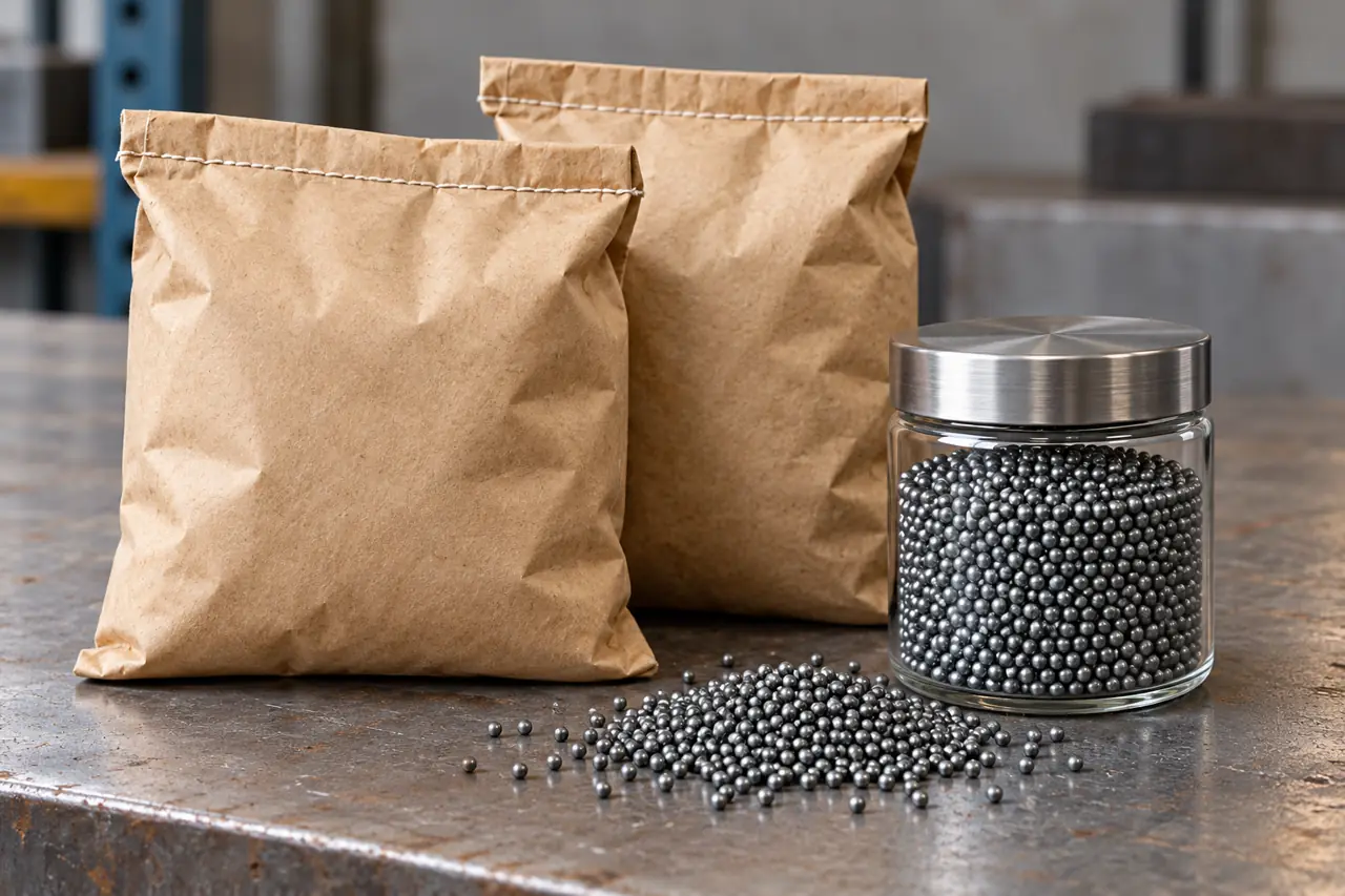 Unprinted media sacks and a small sample container illustrating a neutral packaging proposal