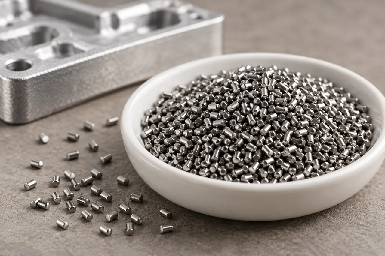 Conditioned stainless cut-wire particles in a sample dish