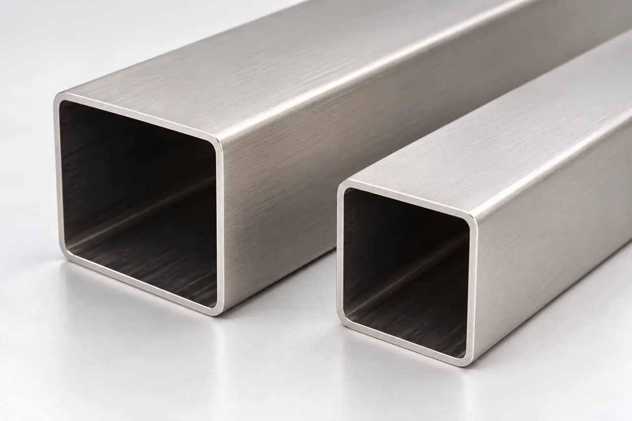 Close detail of rectangular welded stainless tube ends and brushed outer faces