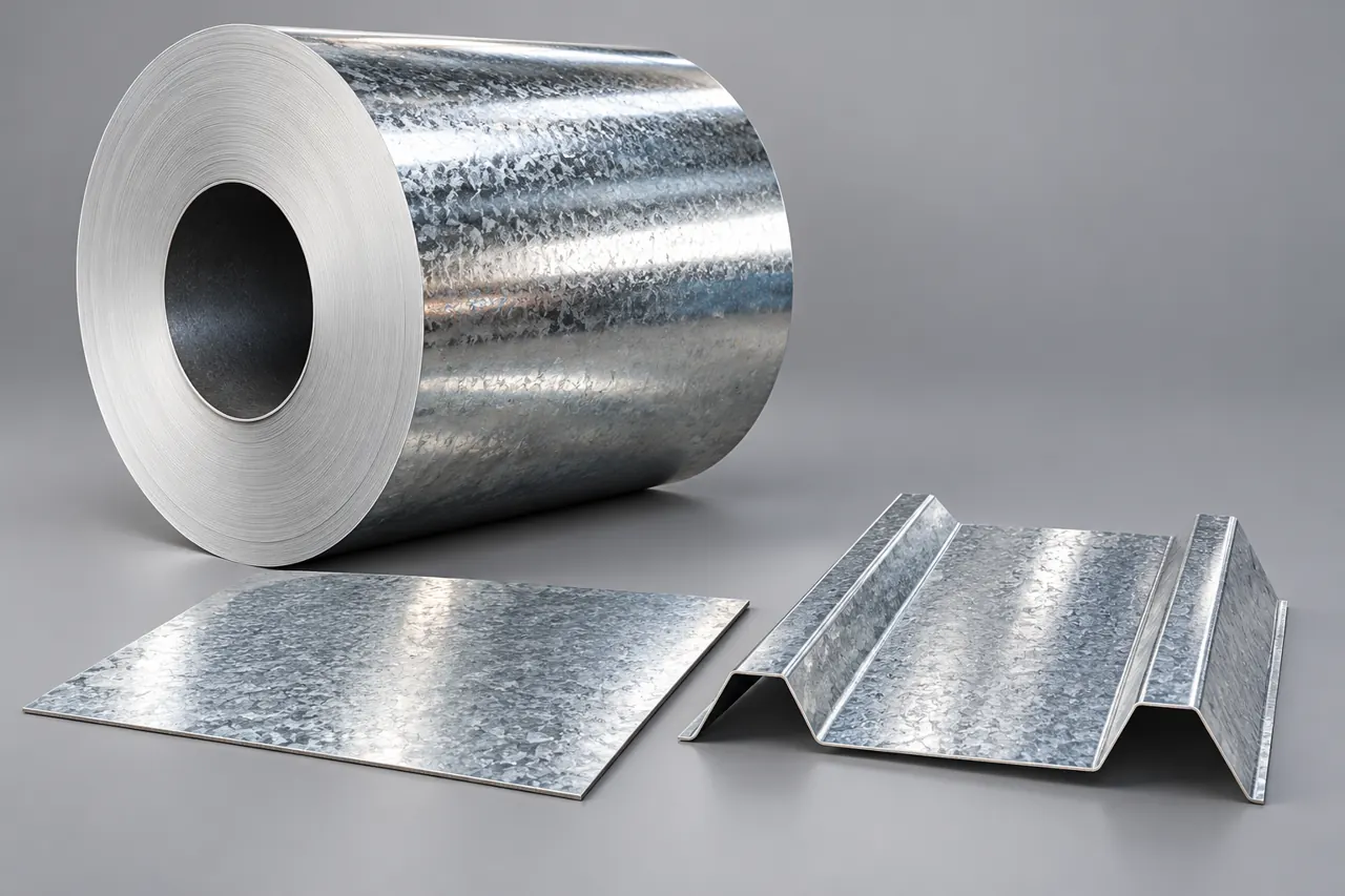 Plain galvanized roofing-profile sample beside an unformed galvanized sheet coupon