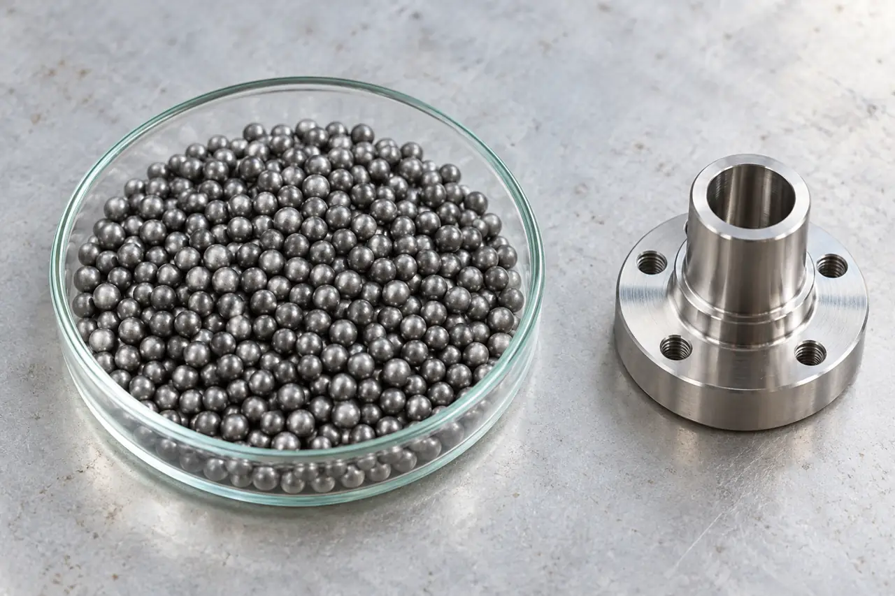 Stainless-shot sample in a separate tray beside a metal component