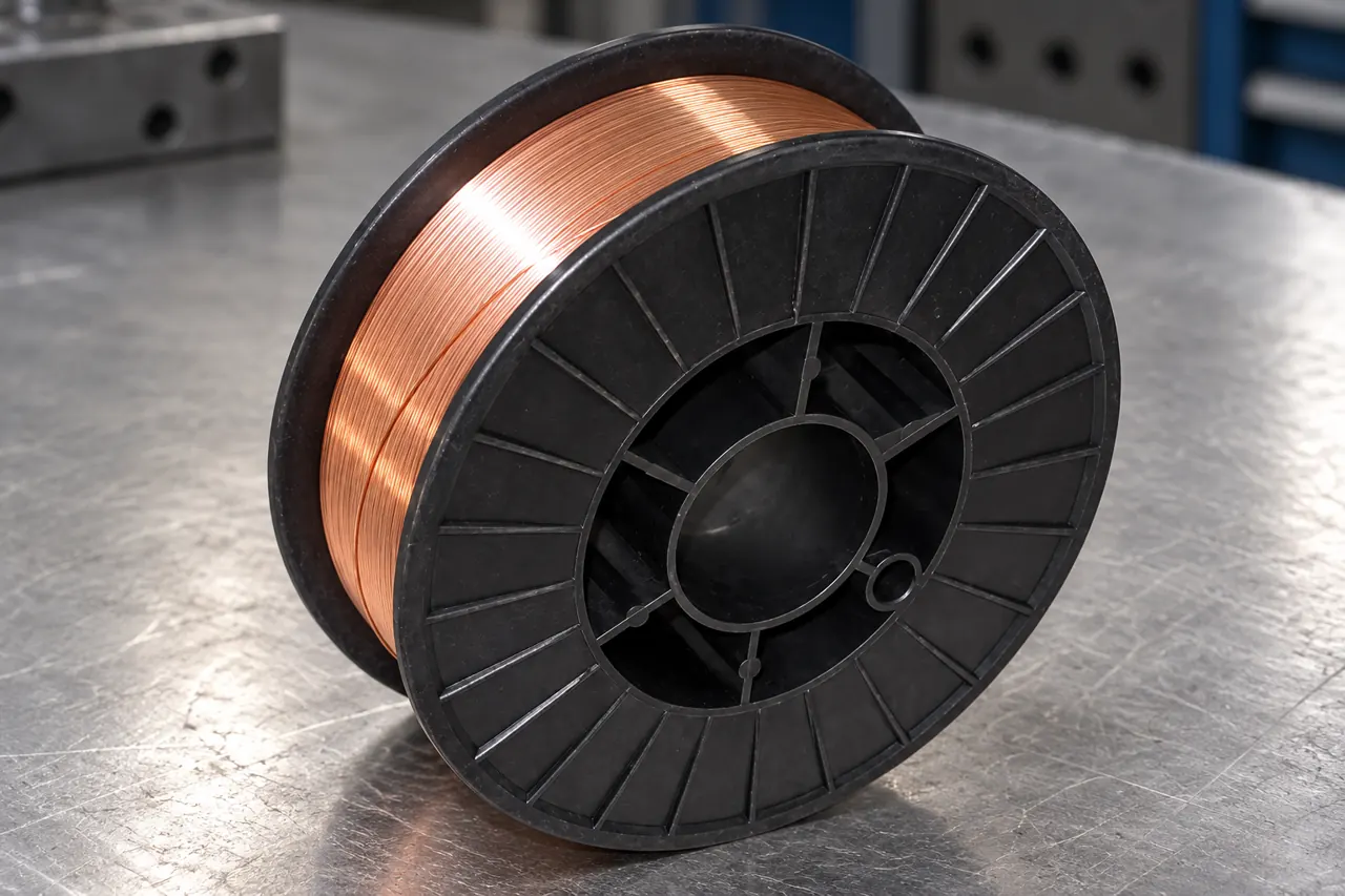 Close view of copper-coated wire winding on a welding spool