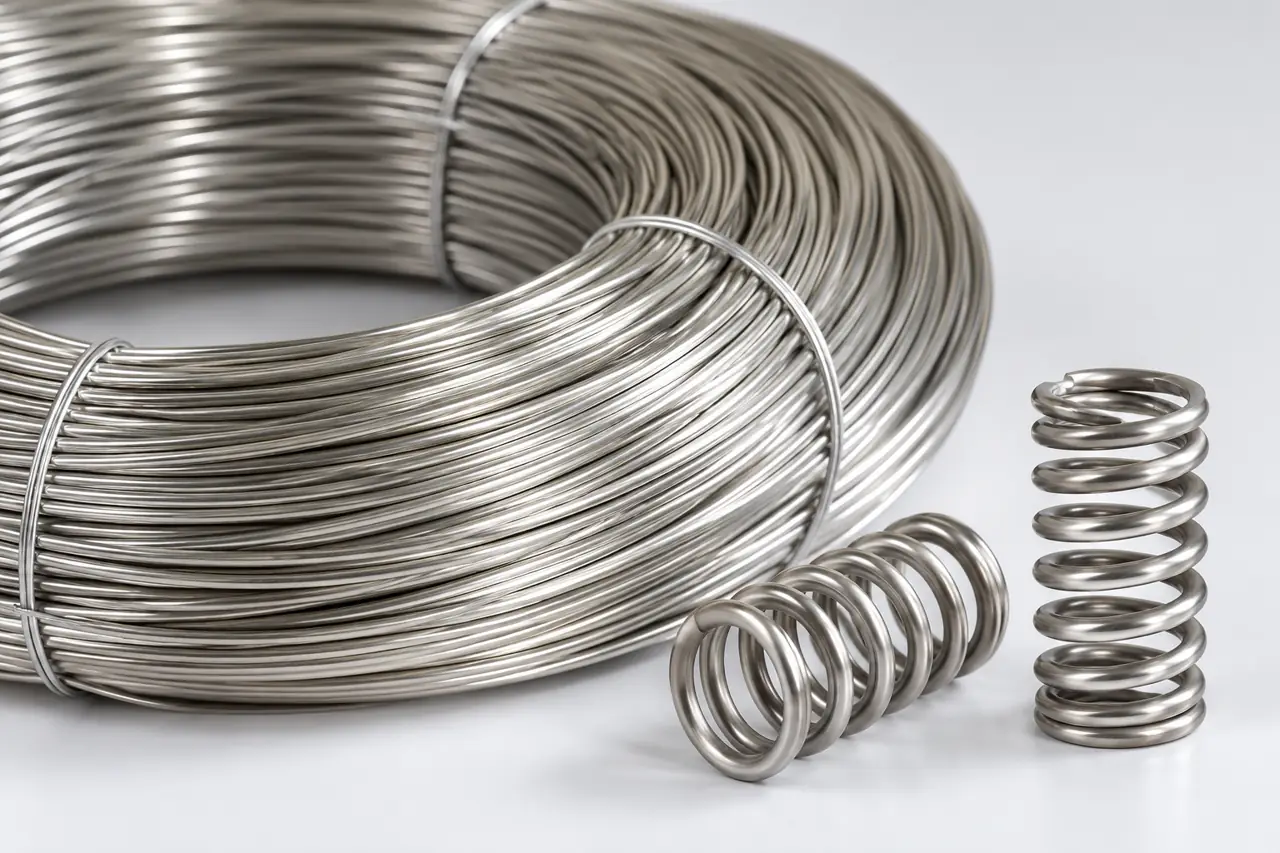 Close view of bright round stainless spring wire and representative formed springs