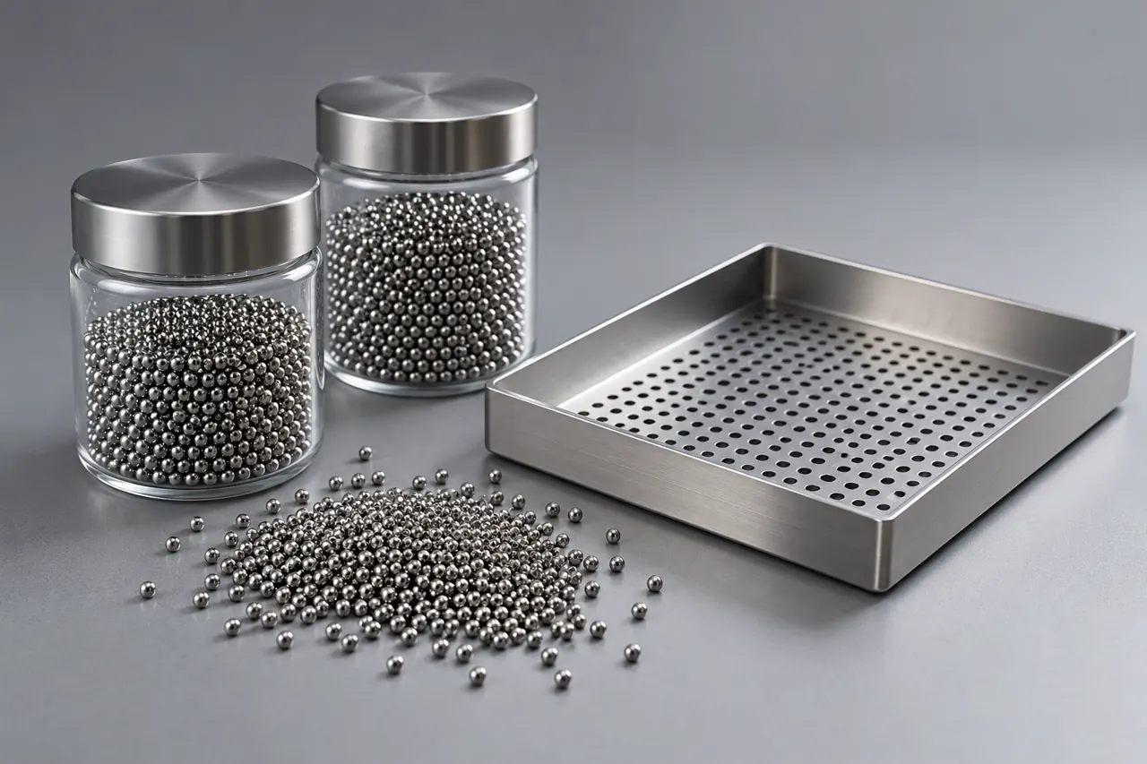 Steel-ball sample containers beside a plain perforated metal holder tray