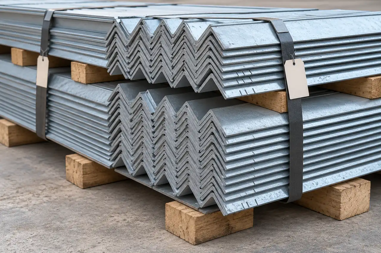 Secured steel angle bundle on timber supports with blank identification