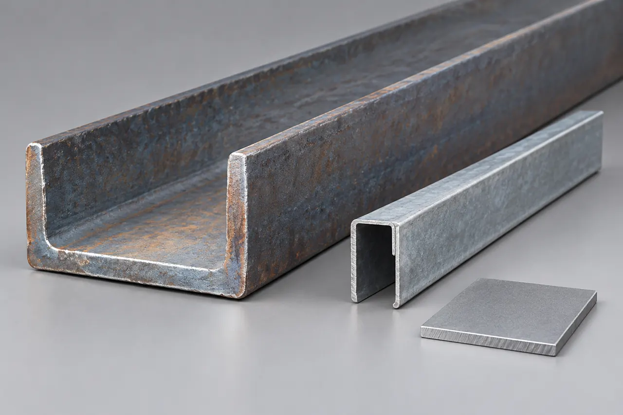 Plain steel C-section samples beside a small surface-finish reference piece