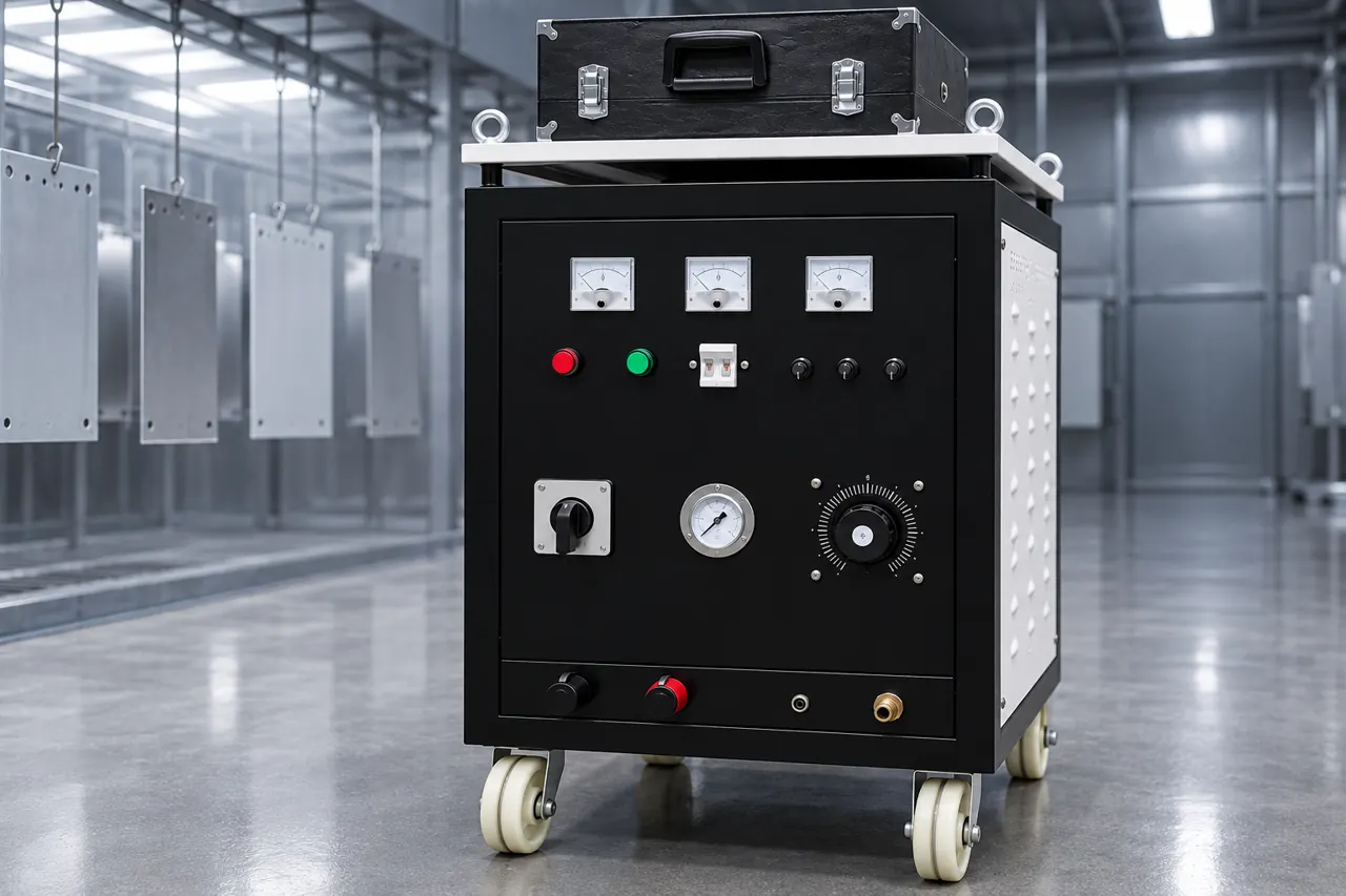 Closer view of the catalogue-style arc-spray equipment cabinet with controls unlabelled