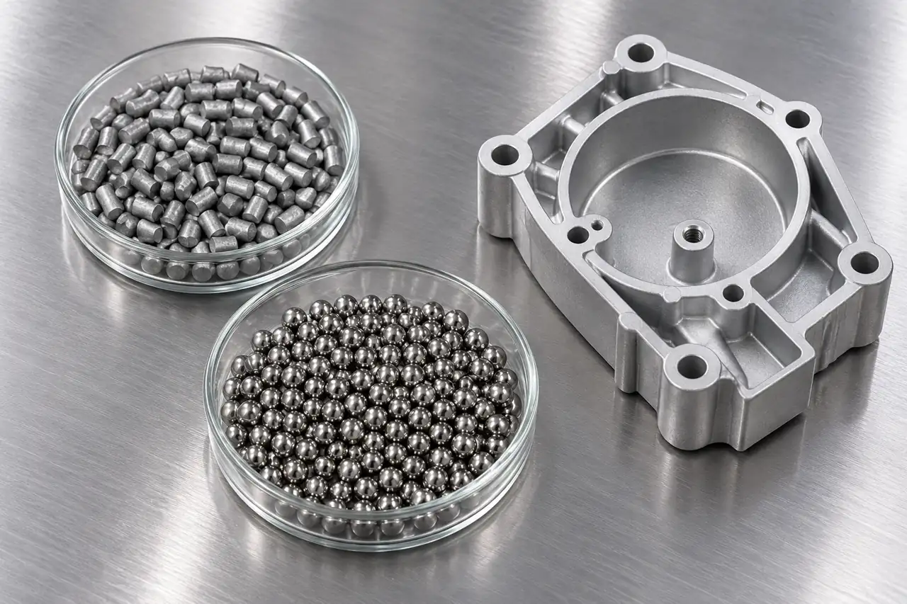Separate zinc and stainless media dishes beside a cast housing