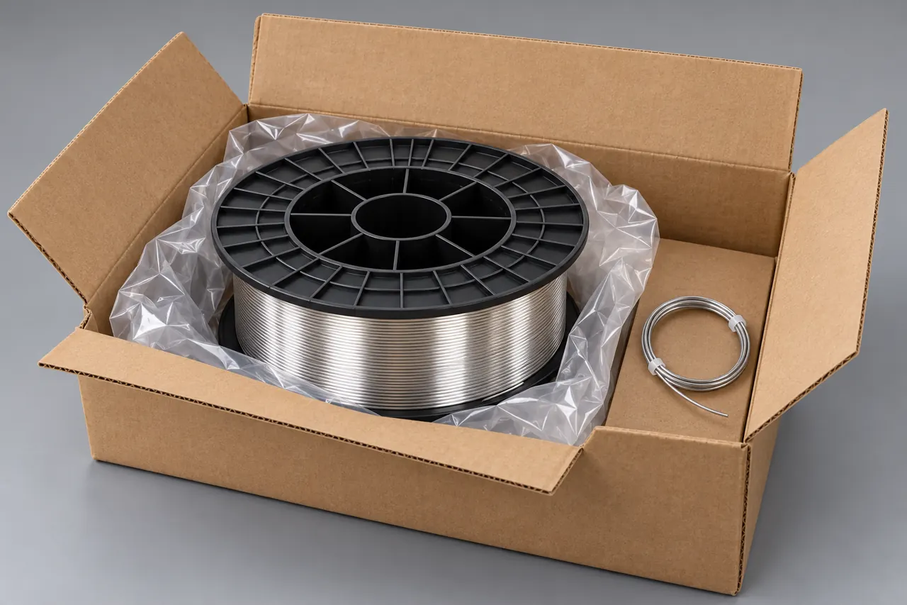 Protected stainless filler-wire spool in clean plain packaging with a retained sample