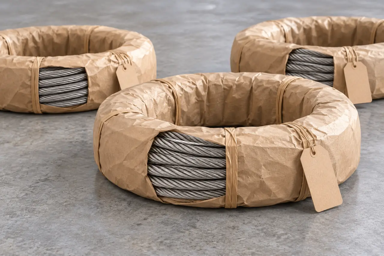 Protected stainless cable coils with separated blank identification tags