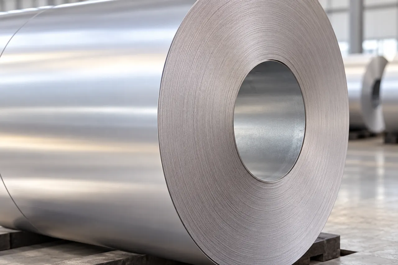 Close view of aluminium coil edge and smooth metallic surface
