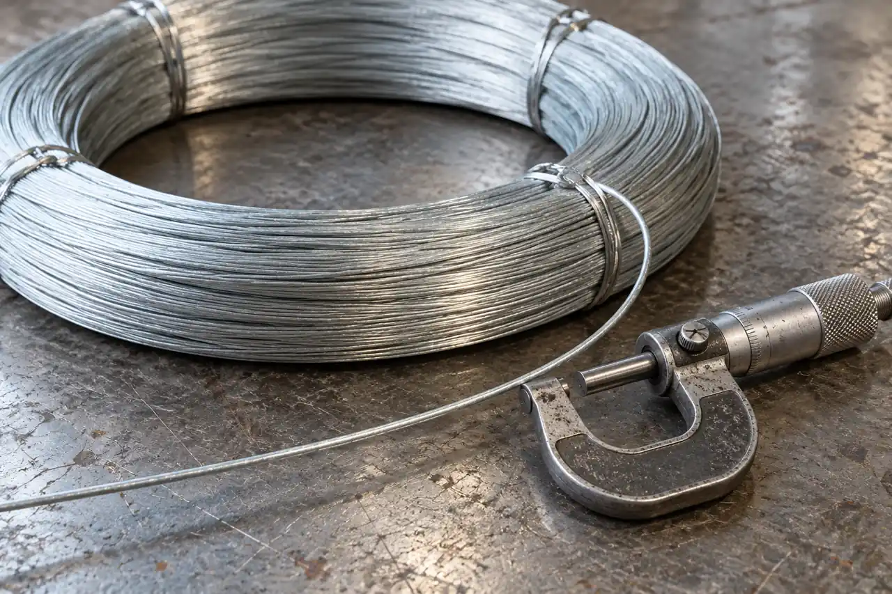 Galvanized wire surface and a micrometer illustrating a dimensional review