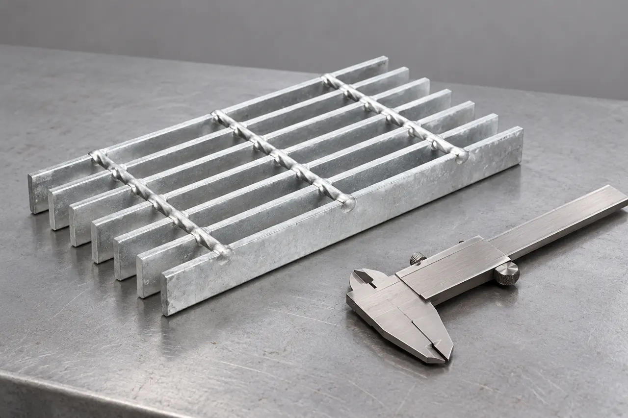 Retained galvanized grating sample beside a plain measuring tool on an inspection bench