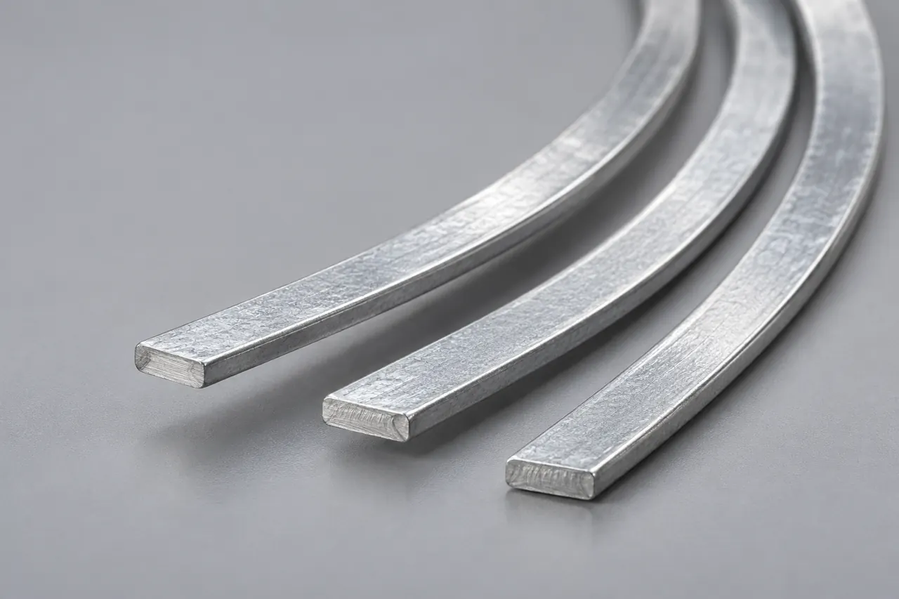 Close view of flat galvanized wire ends and narrow rectangular edges