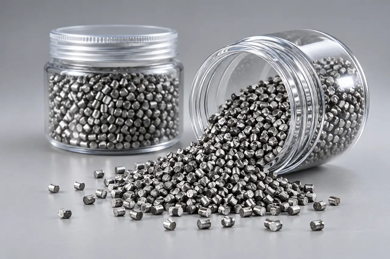 Two retained cut-wire shot sample jars and separate loose particles on a neutral bench