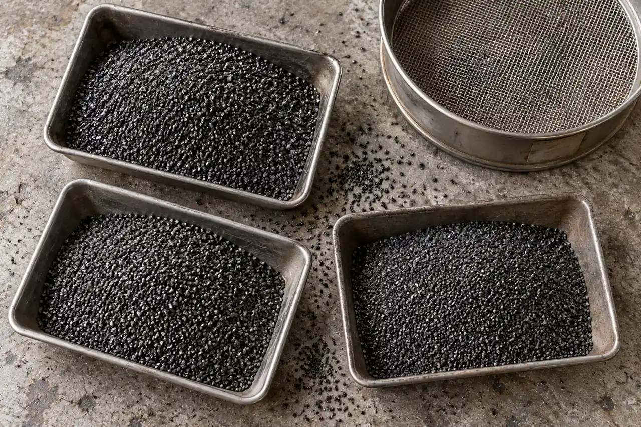Separate samples of dark angular steel grit with a sieve