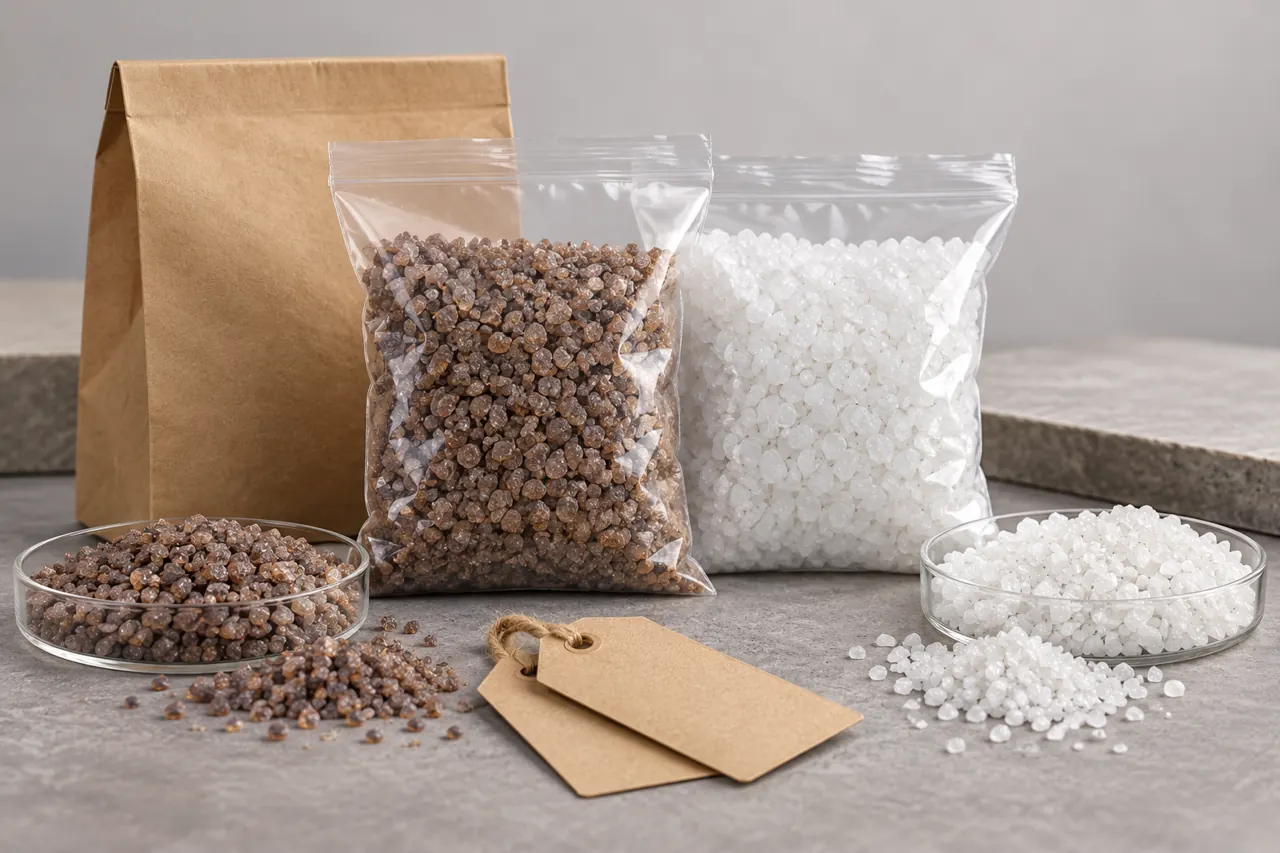 Separate sealed sample bags of brown and white alumina