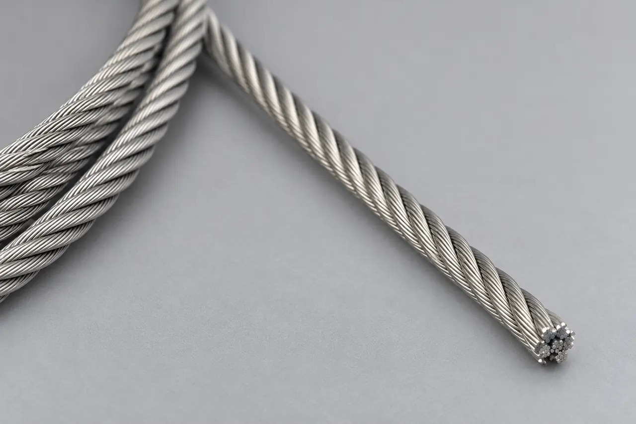 Close view of stainless wire rope strands on a clean table