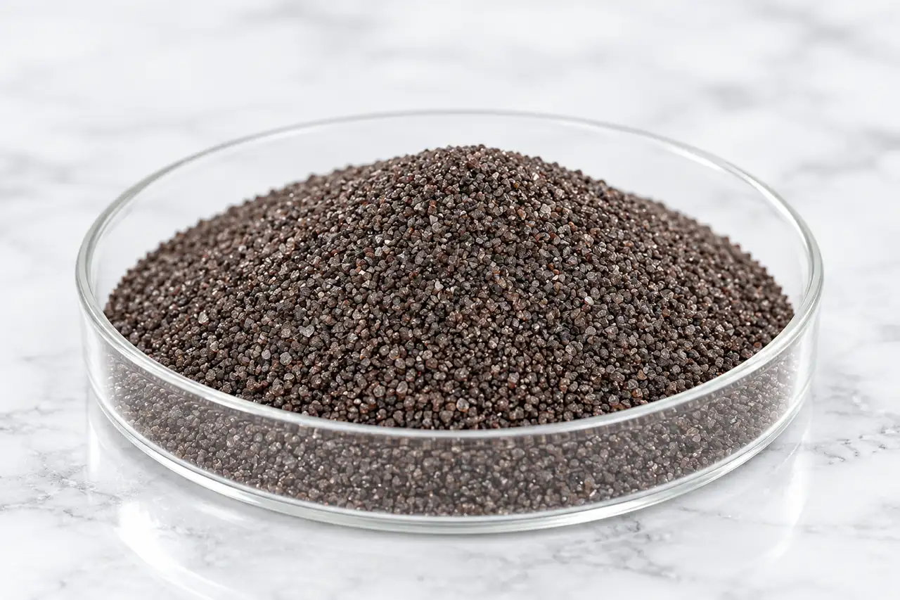 Brown fused alumina angular grains in a glass sample dish