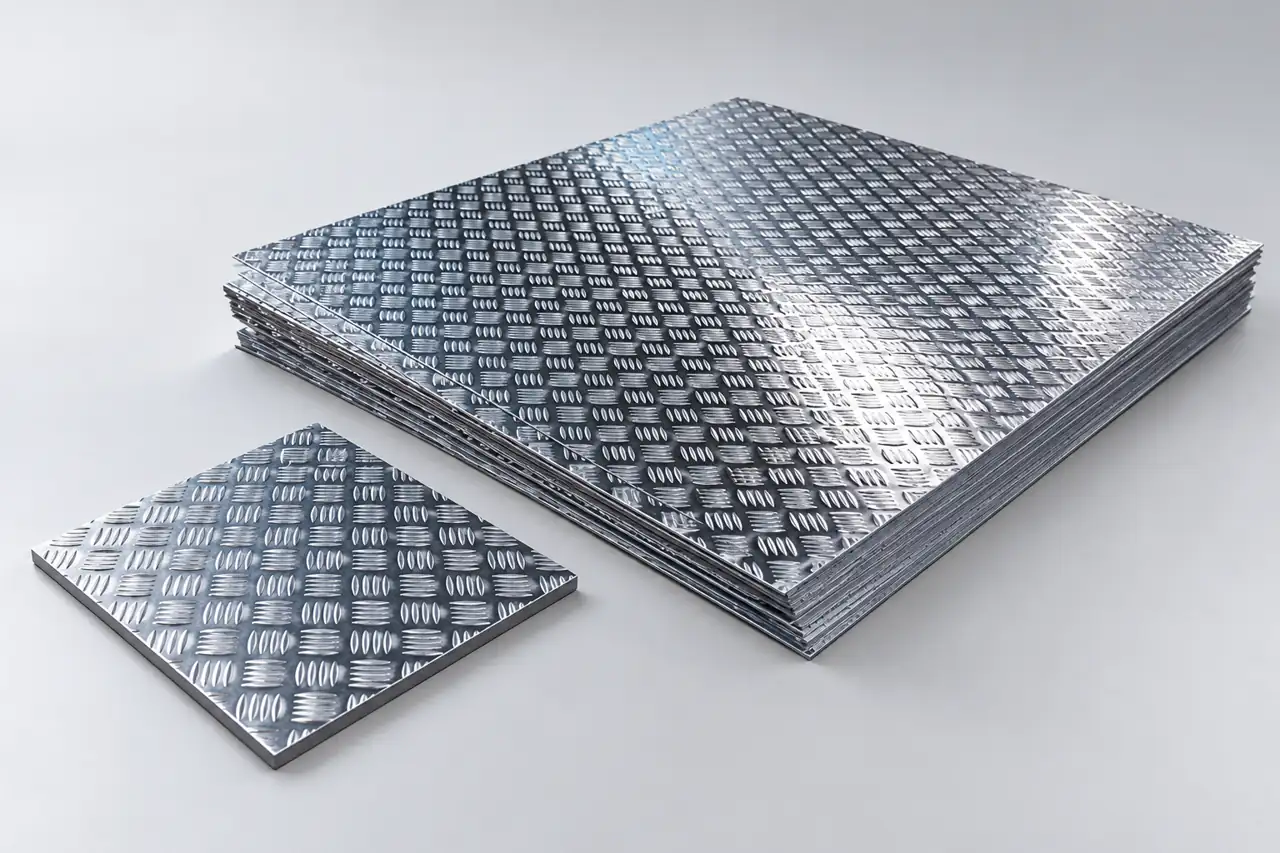 A small chequered plate sample beside a larger flat sheet stack on a neutral bench