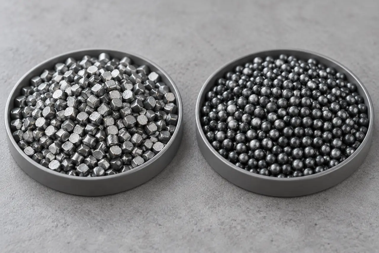 Separate conditioned cut-wire and cast-steel shot samples showing their actual particle forms