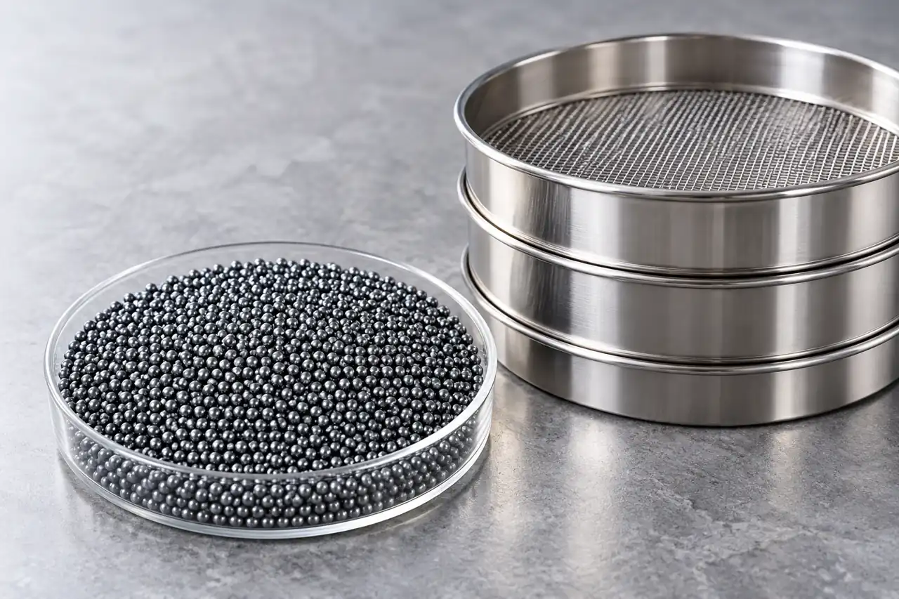 Steel shot samples beside a clean sieve stack without labels