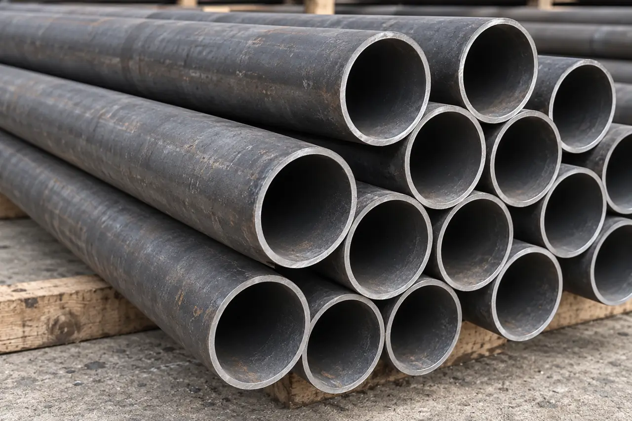 Bundles of plain carbon steel pipe showing their circular ends