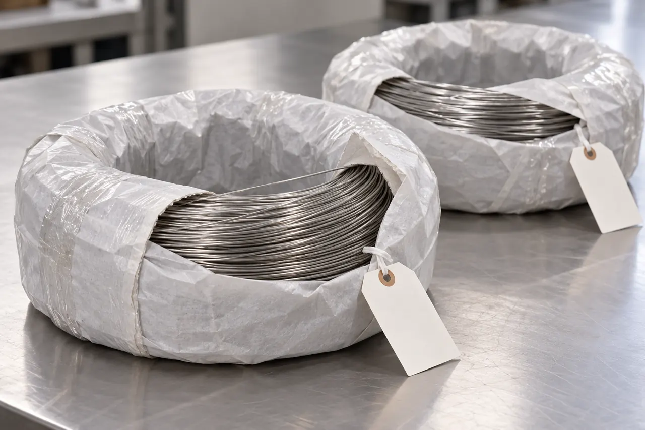 Protected stainless feed-wire coils with blank identification tags